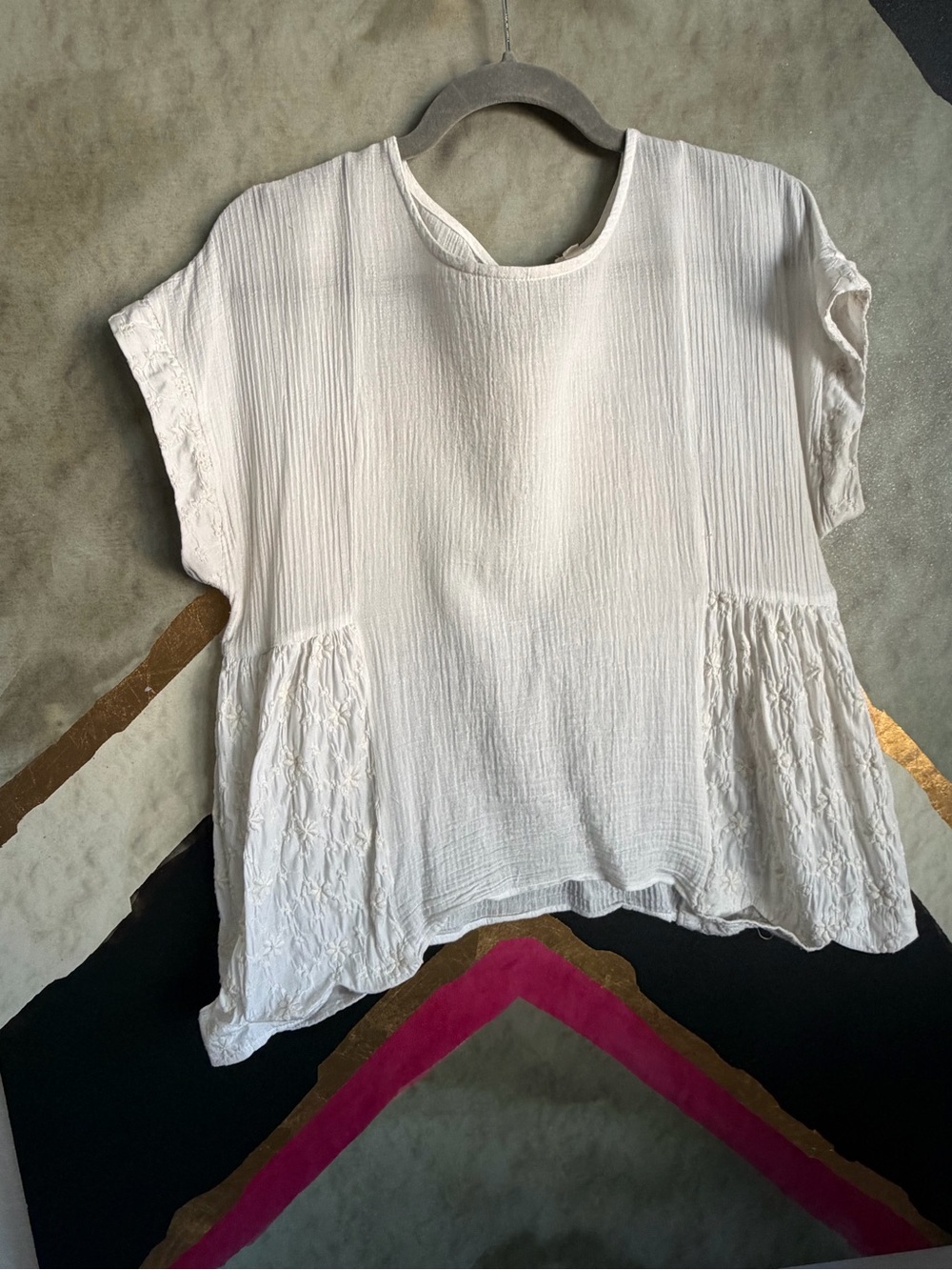 Free People Hem & Thread Embroidered Scalloped Blouse in White Size Small